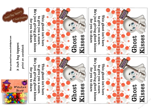 DIY Ghost Kisses 3 inch Bag Toppers For Kiss Shaped Candy