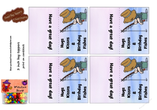 DIY Hugs, Kisses & Birthday Fishes (light skin tone) 3 inch Bag Toppers For Kiss Shaped Candy