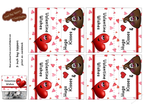 Hugs, Kisses and Valentine Wishes 3 Inch Valentine Treat Bag Toppers
