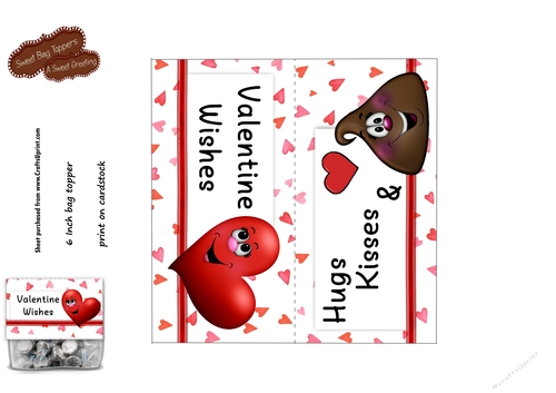 Hugs, Kisses and Valentine Wishes 6 Inch Valentine Treat Bag Toppers