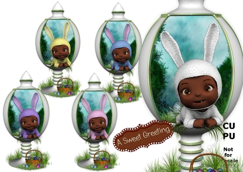 BabyIn Bunny Suit (dark skin tone) peeking Out Of White Easter Egg Display