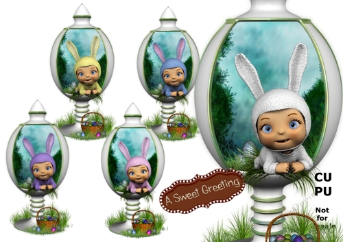 Baby In Bunny Suit (light skin tone) peeking Out Of White Easter Egg Display