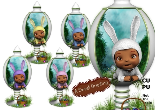 Baby In Bunny Suit (medium skin tone) peeking Out Of White Easter Egg Display