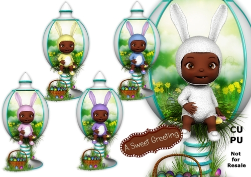 Baby In Bunny Suit (dark skin tone) Sitting on Edge Of White Easter Egg Display