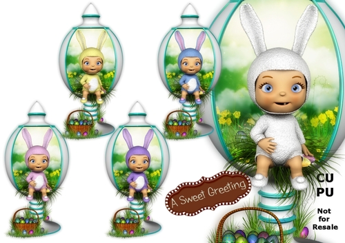 Baby In Bunny Suit (light skin tone) Sitting on Edge Of White Easter Egg Display