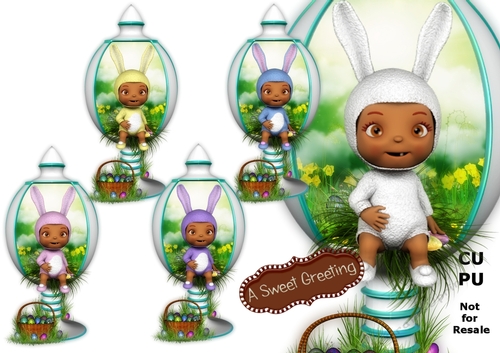 Baby In Bunny Suit (medium skin tone) Sitting on Edge Of White Easter Egg Display
