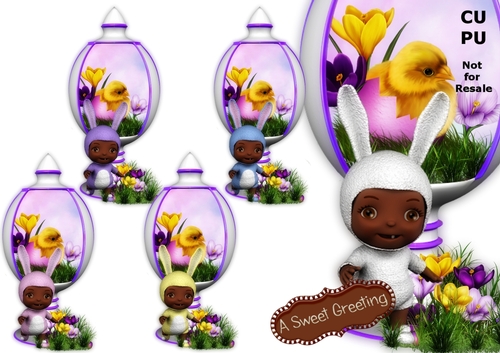 Baby In Bunny Suit (dark skin tone) Standing Next To White Easter Egg Display