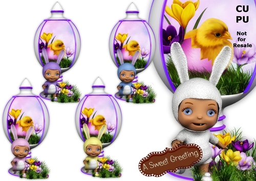 Baby In Bunny Suit (light skin tone) Standing Next To White Easter Egg Display