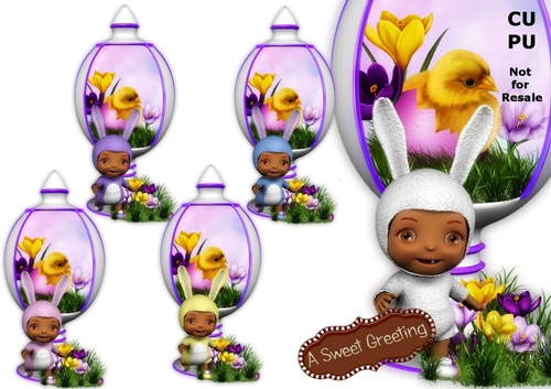 Baby In Bunny Suit (medium skin tone) Standing Next To White Easter Egg Display