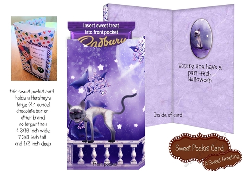 Printable Purple Cat Halloween Pocket Card For Large Candy Bar 