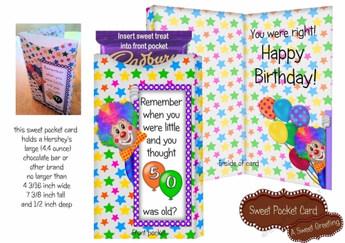 50th  Birthday Clown Candy Bar Pocket Card