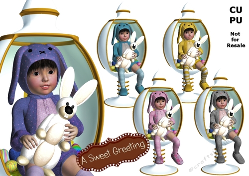 Dark Brunette child sitting in white egg chair and holding her Easter bunny