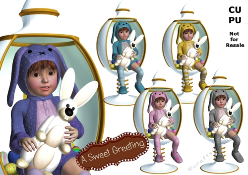 Light Brunette child sitting in white egg chair and holding her Easter bunny