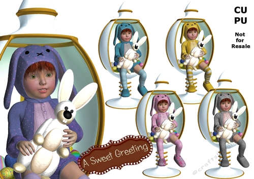 Child with red hair sitting in white egg chair and holding her Easter bunny