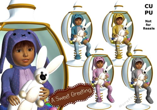 Light brunette child with medium skin tone,  sitting in white egg chair and holding her Easter bunny