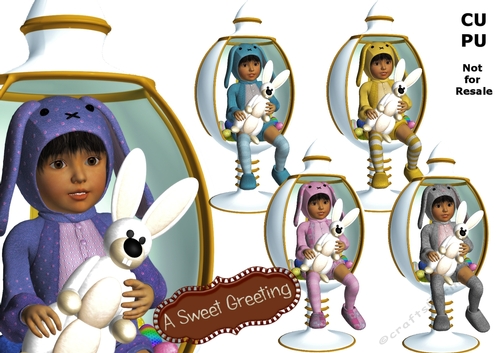 Dark brunette child with medium skin tone,  sitting in white egg chair and holding her Easter bunny
