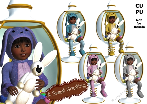 Dark brunette child with dark skin tone,  sitting in white egg chair and holding her Easter bunny