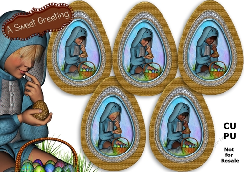 Child in blue bunny suit vignette in  golden egg frame