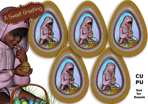 Child in pink bunny suit vignette in  golden egg frame