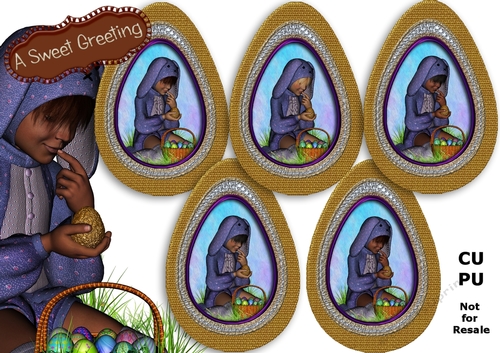 Child in purple bunny suit vignette in  golden egg frame
