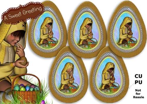 Child in yellow bunny suit vignette in golden egg frame