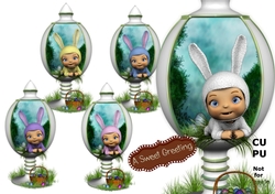 Baby In Bunny Suit (light skin tone) peeking Out Of White Easter Egg Display