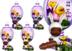 Baby In Bunny Suit (dark skin tone) Standing Next To White Easter Egg Display
