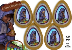 Child in purple bunny suit vignette in  golden egg frame