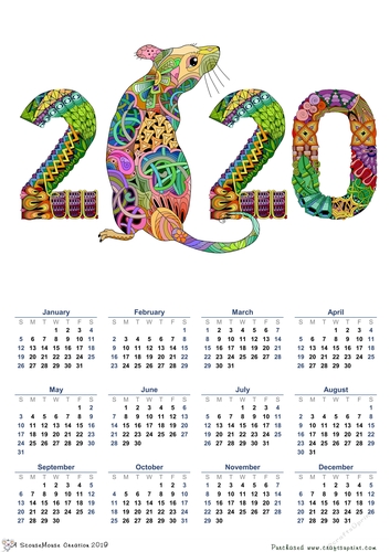2020  calendar portrait Zentangle Rat 1