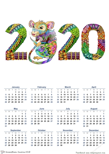 2020  calendar portrait Zentangle Rat 2