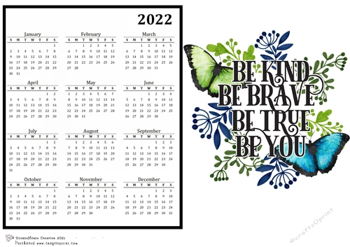 2022 Calendar Butterflies, Be kind bordered