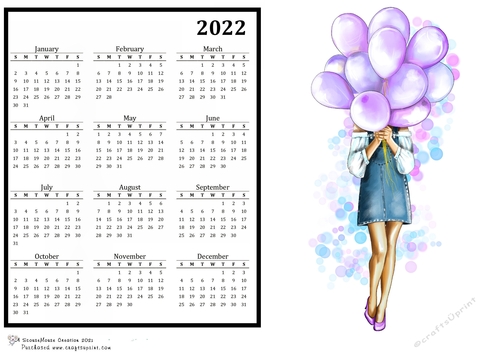 2022 Calendar Girl with Lilac Balloons