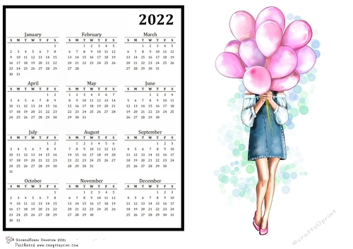 2022 Calendar Girl with Pink Balloons