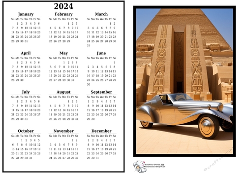 2024 calendar Art Deco car at the Pyramids