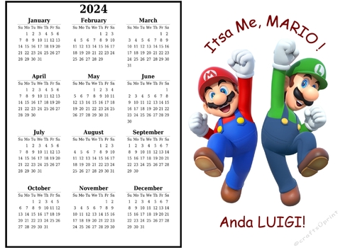 2024 calendar Mario and Luigi With Text