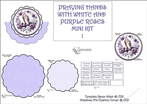 Scallop Rocker Card PRAYING HANDS WITH WHITE AND PURPLE ROSES 1