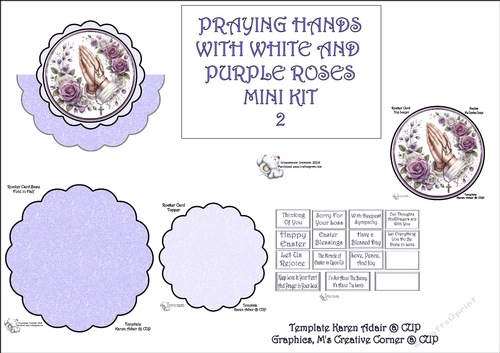 Scallop Rocker Card PRAYING HANDS WITH WHITE AND PURPLE ROSES 2