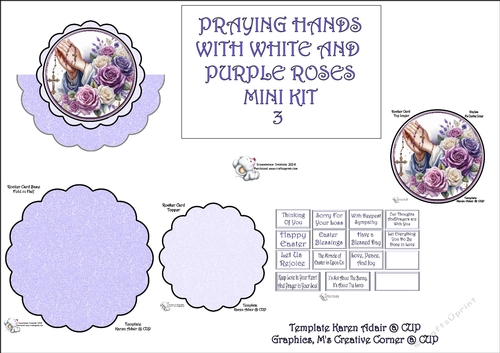 Scallop Rocker Card PRAYING HANDS WITH WHITE AND PURPLE ROSES 3