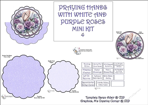 Scallop Rocker Card PRAYING HANDS WITH WHITE AND PURPLE ROSES 4