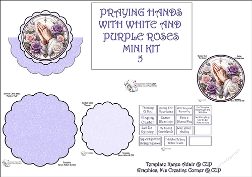 Scallop Rocker Card PRAYING HANDS WITH WHITE AND PURPLE ROSES 5
