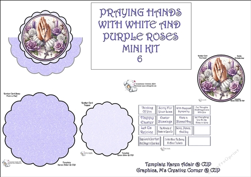 Scallop Rocker Card PRAYING HANDS WITH WHITE AND PURPLE ROSES 6