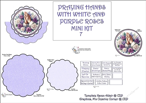 Scallop Rocker Card PRAYING HANDS WITH WHITE AND PURPLE ROSES 7