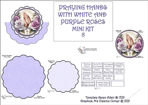 Scallop Rocker Card PRAYING HANDS WITH WHITE AND PURPLE ROSES 8