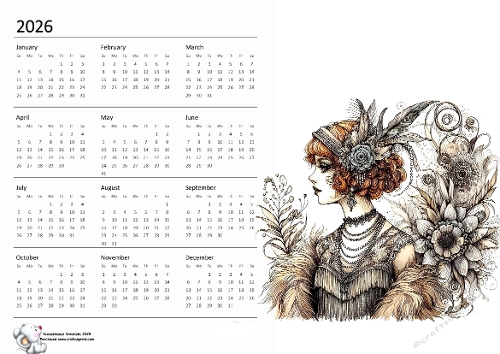 2026 calendar  Art Deco Lady 3