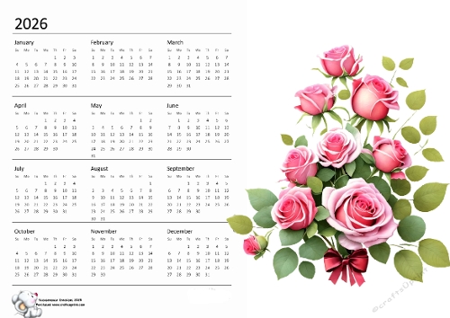 2026 calendar  Bouquet of pink roses