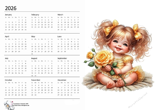2026 calendar Cute Girl with Yellow Roses