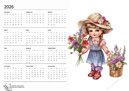2026 calendar Little girl with Flowers 2