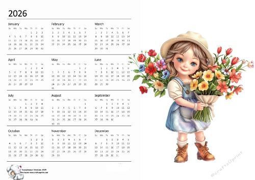 2026 calendar Little girl with Flowers  