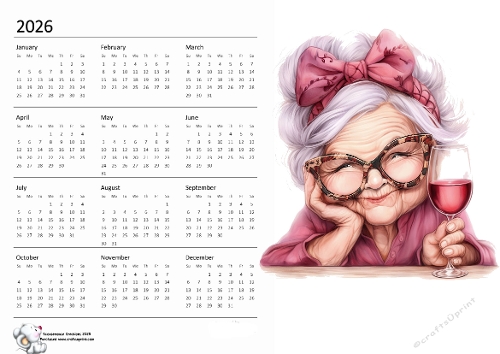 2026 calendar Old Lady with Wine 1