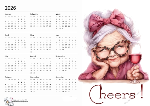 2026 calendar Old Lady with Wine 1a